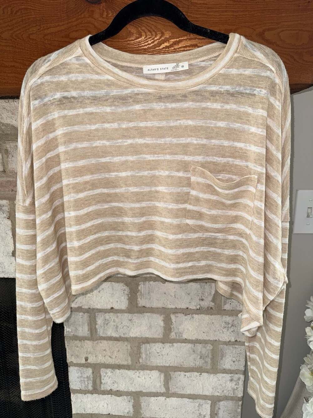 Altar'd State Taupe and White Striped Cropped Long Sleeve Top with Pocket Size M